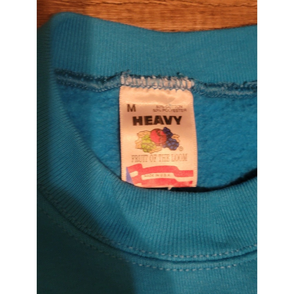 vtg 80s Fruit Of The Loom Graphic Sledding Sz M Turquoise 50/50 Made In USA - Picture 2 of 7